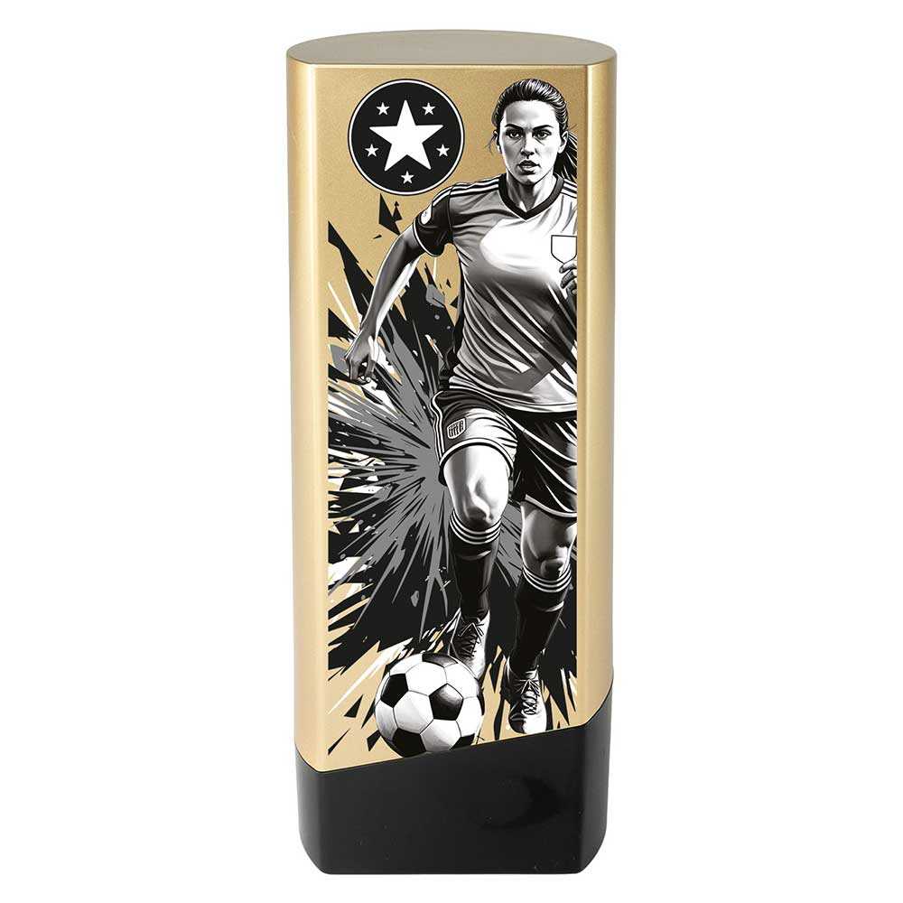 Prime Heavyweight Ladies Football Award in gold and black featuring a female football player with free personalised engraving.