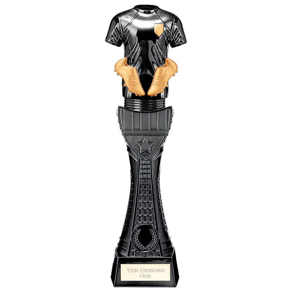 Black Viper Tower black and gold resin football strip trophy with personalised engraving plate