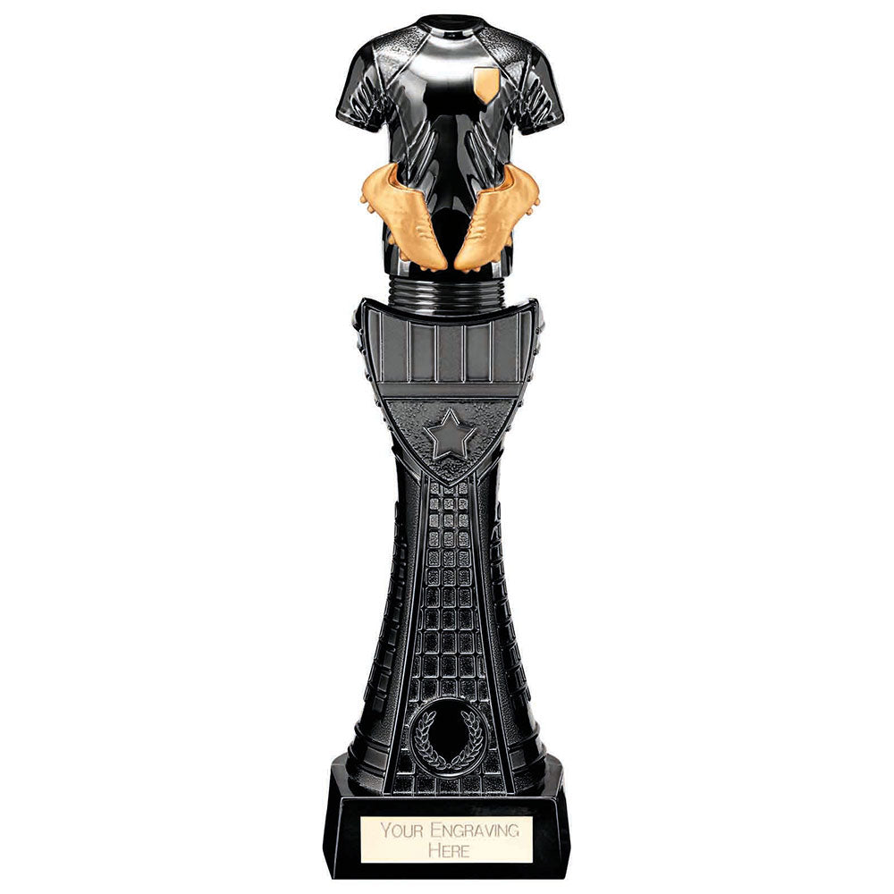 Black Viper Tower black and gold resin football strip trophy with personalised engraving plate