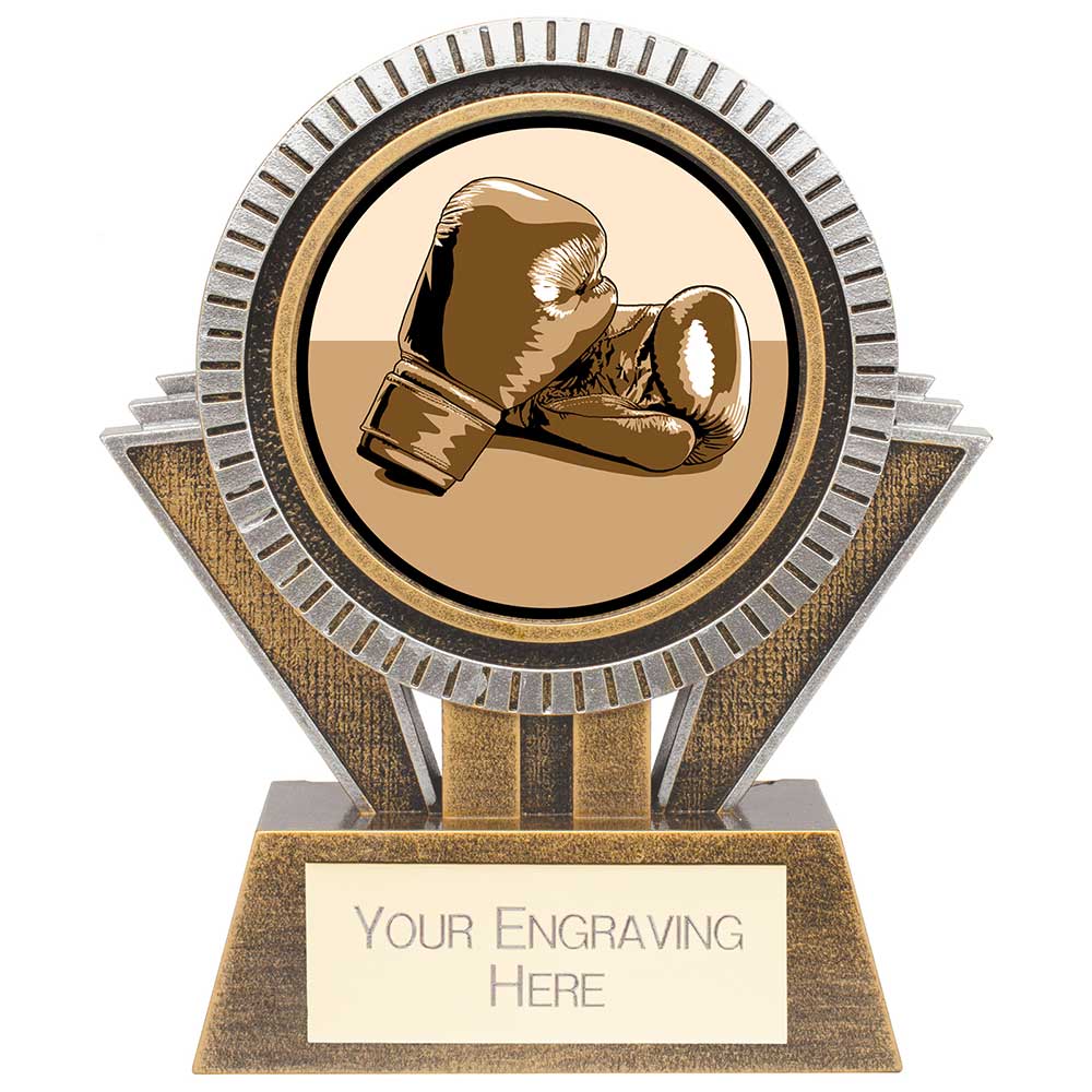 Apex resin boxing trophy with 25mm boxing centre and personalised engraving plate.
