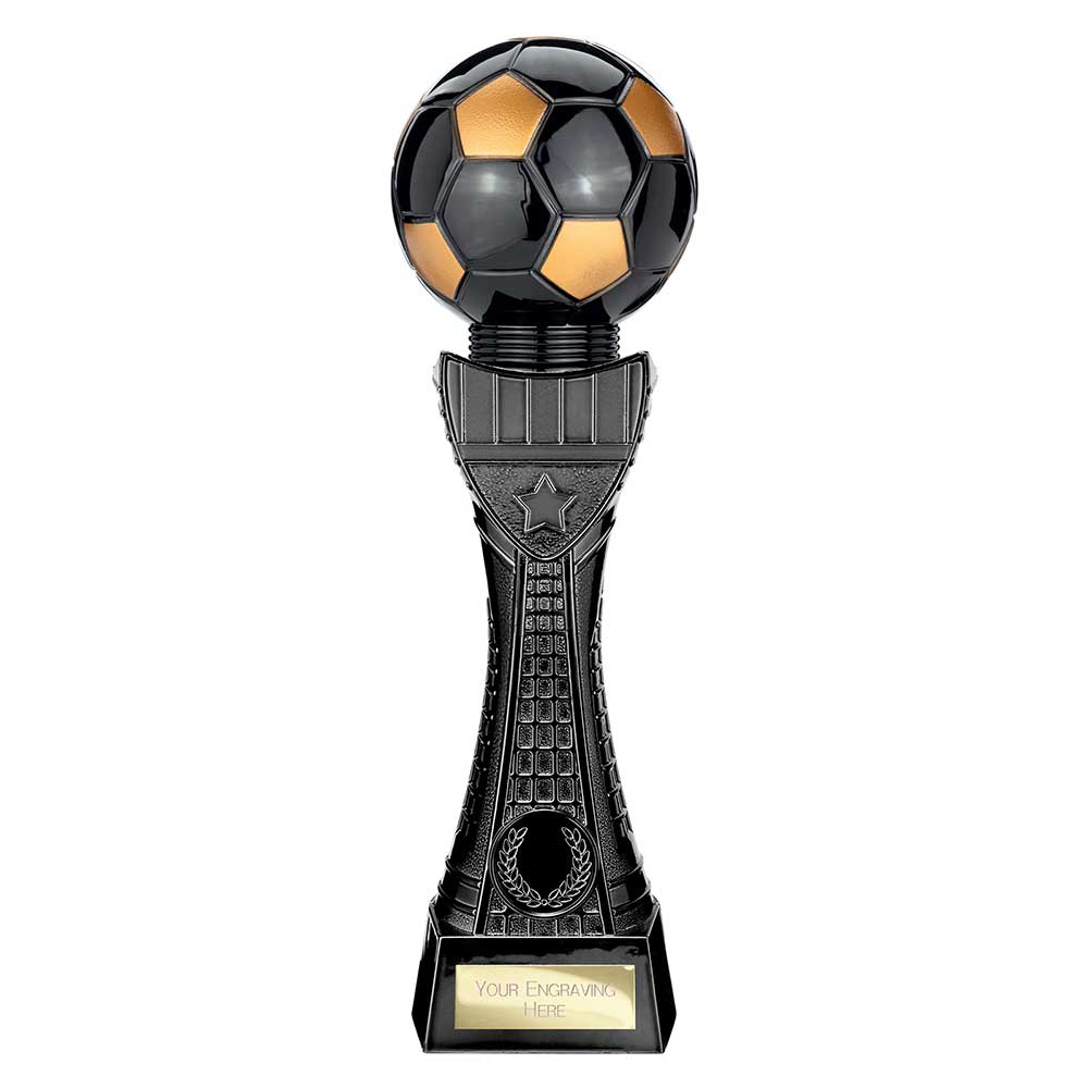 Black Viper Tower black and gold resin football trophy with personalised engraving plate