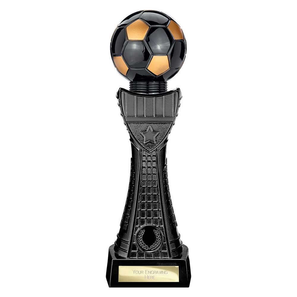 Black Viper Tower black and gold resin football trophy with personalised engraving plate