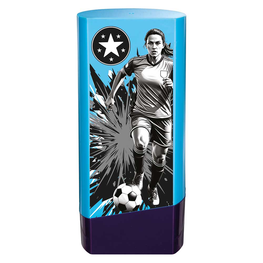 Prime Heavyweight Ladies Football Award in blue and black featuring a female football player with free personalised engraving.