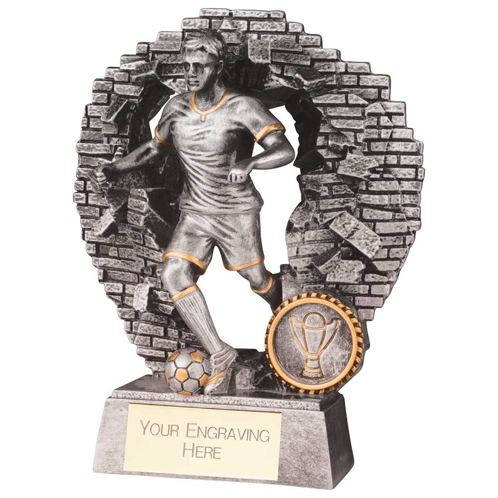 Blast Out Male resin football trophy featuring a footballer breaking through a brick wall with personalised engraving plate