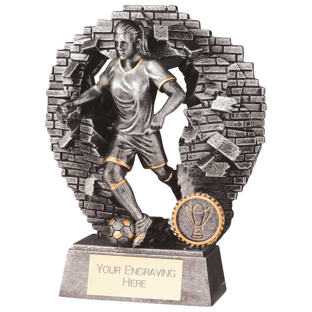 Girls football presentation trophy in antique silver with FREE engraved nameplate.