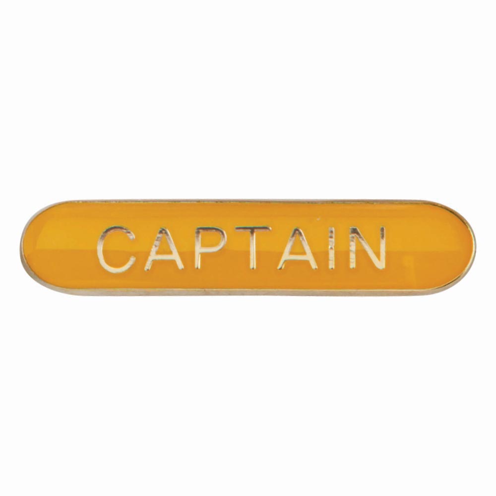 Captain school bar badge in yellow enamel with gold lettering and butterfly clutch fastening.