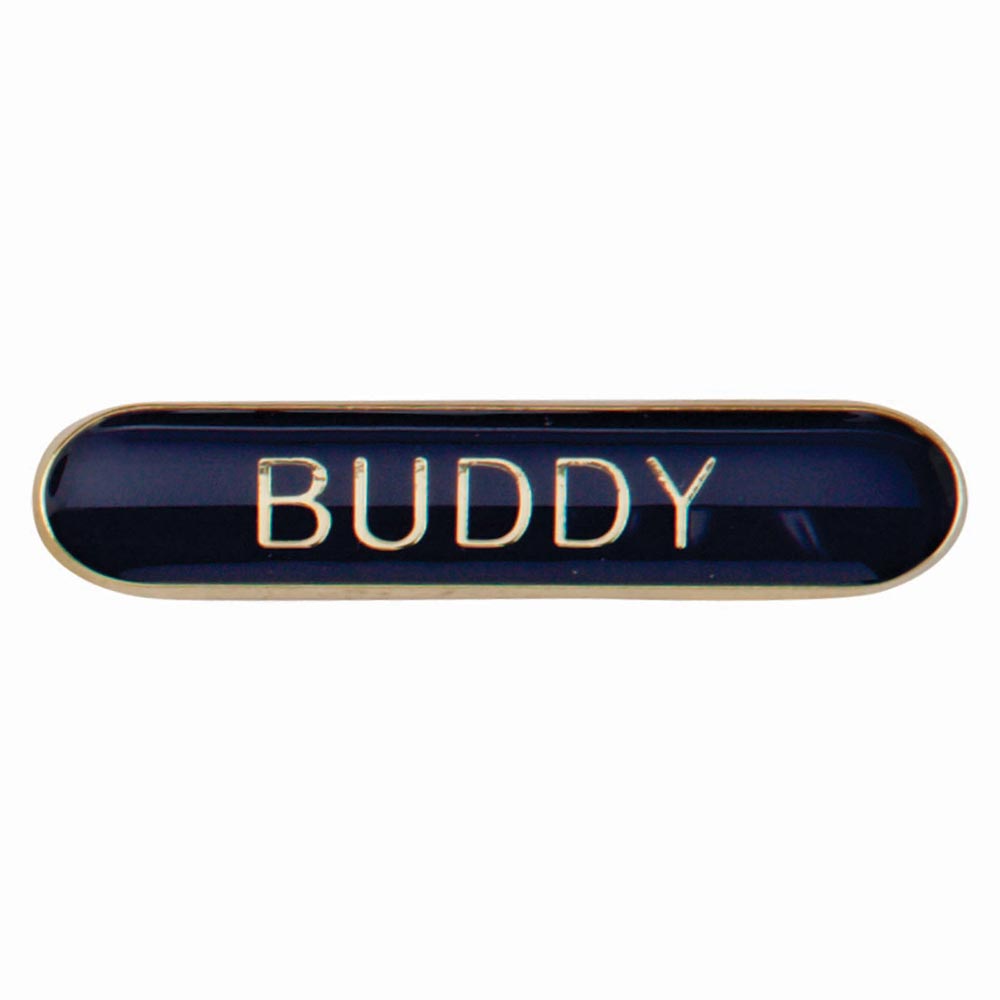 Buddy school bar badge in blue enamel with gold lettering and butterfly clutch fastening.