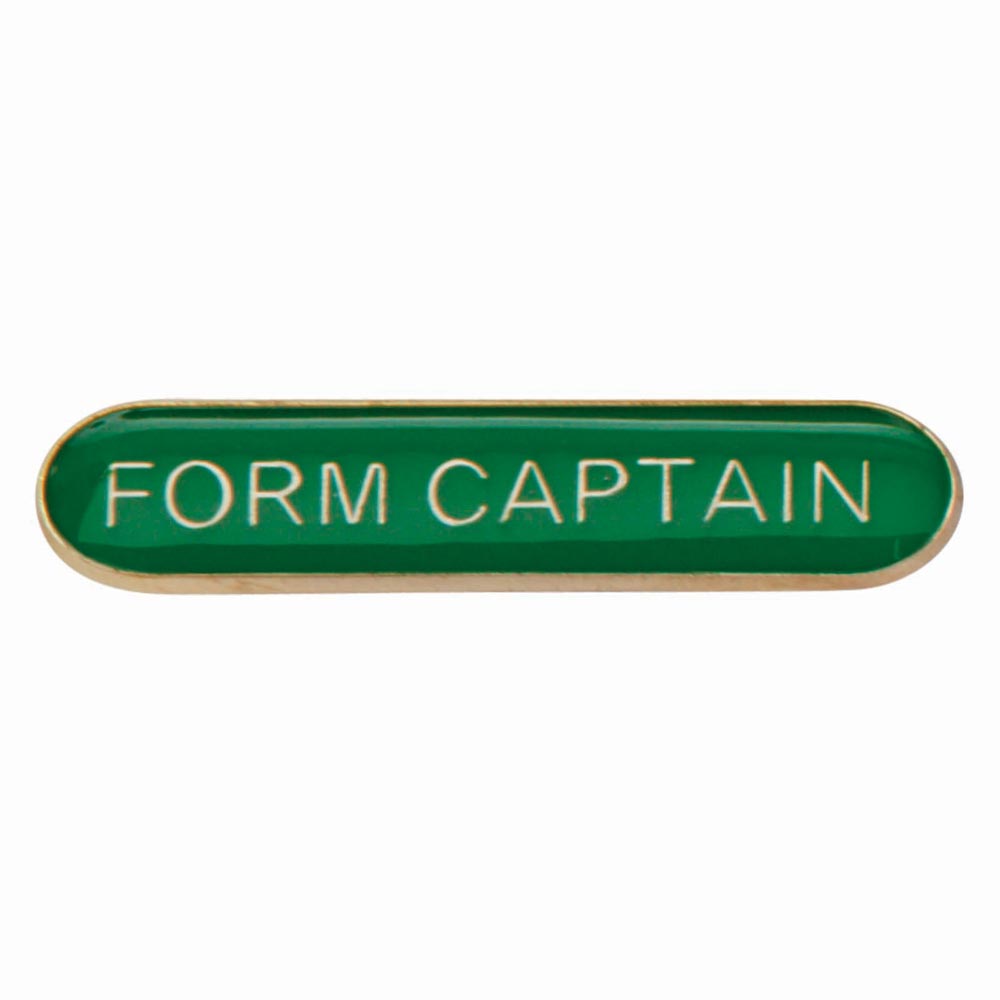 Form Captain school bar badge in green enamel with gold lettering and butterfly clutch fastening.