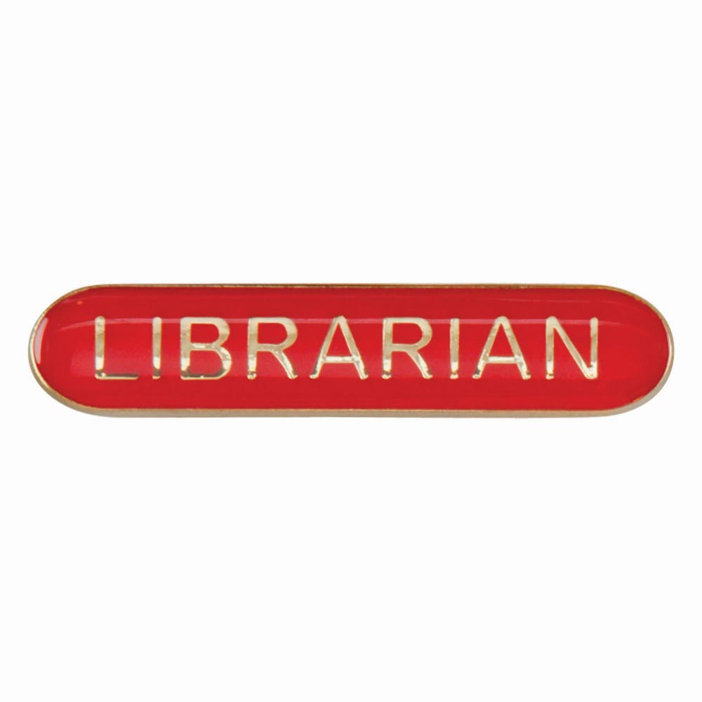 Librarian school bar badge in red enamel with gold lettering and butterfly clutch fastening.