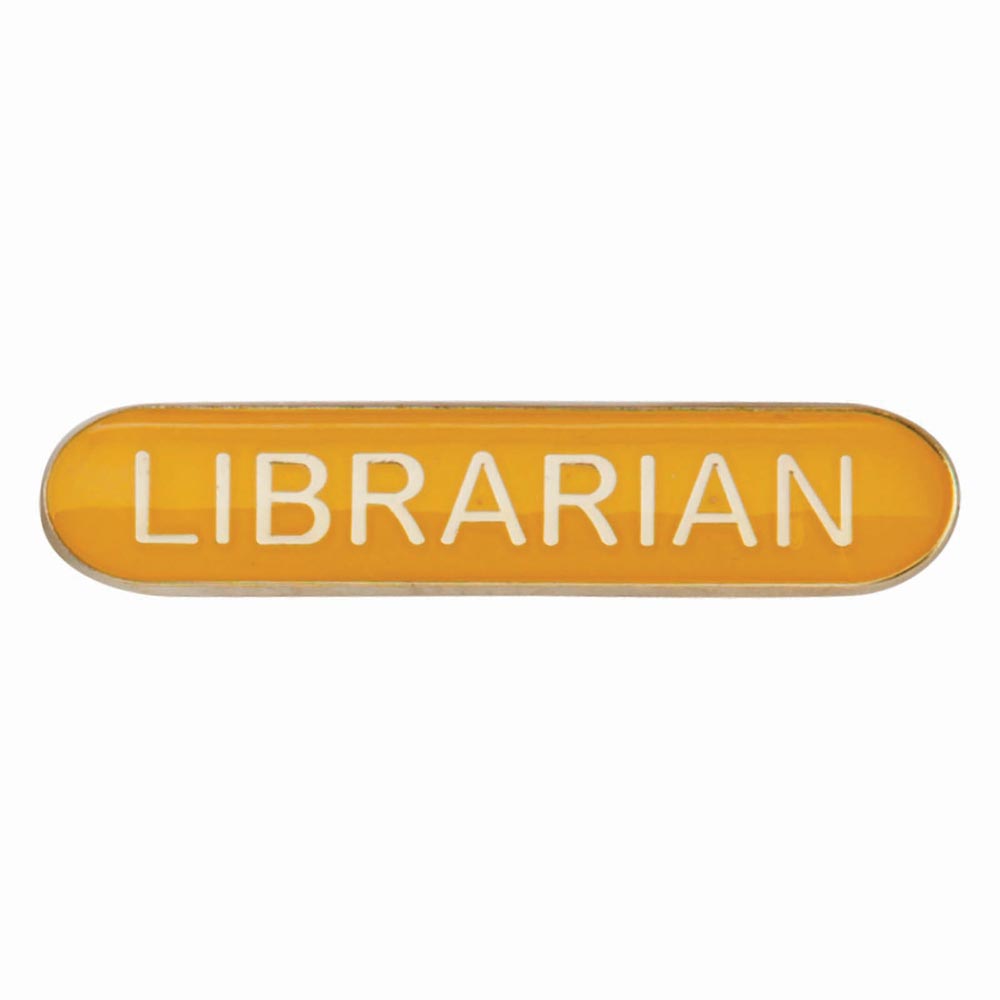 Librarian school bar badge in yellow enamel with gold lettering and butterfly clutch fastening.