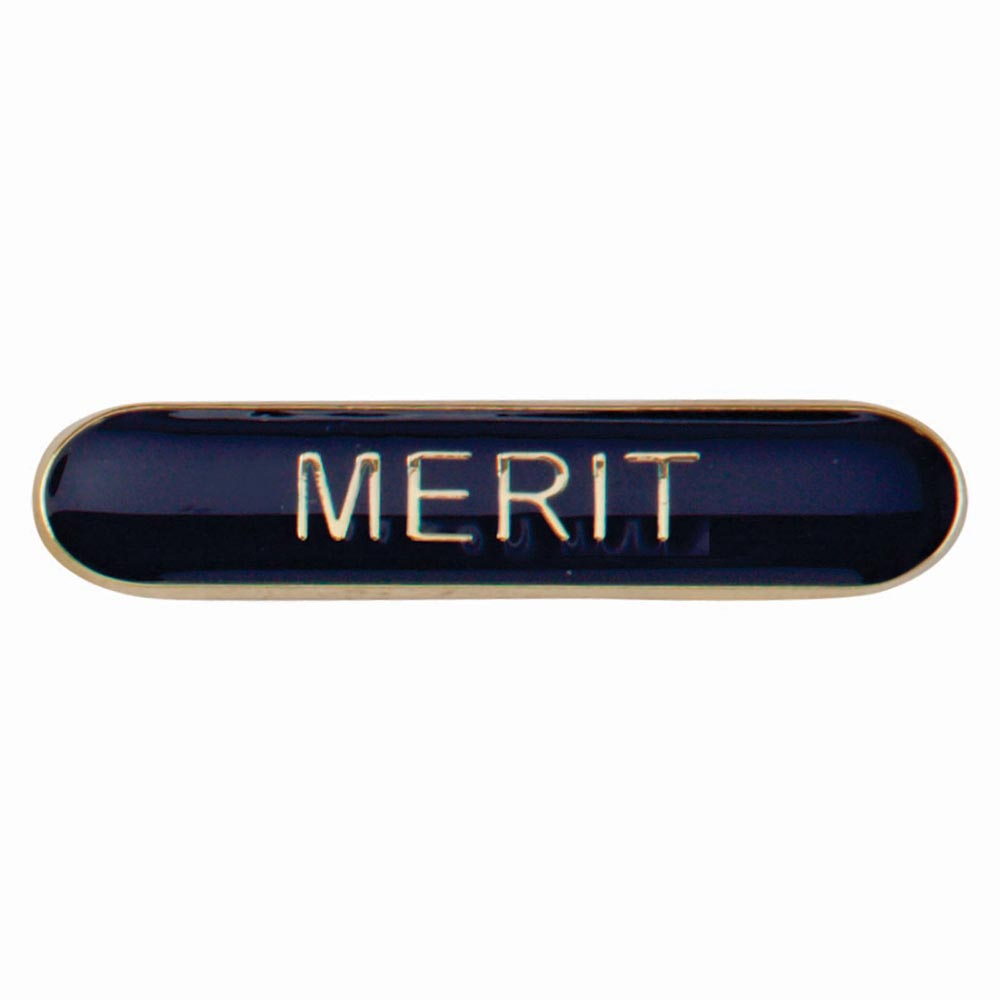 Merit school bar badge in red enamel with gold lettering and butterfly clutch fastening.