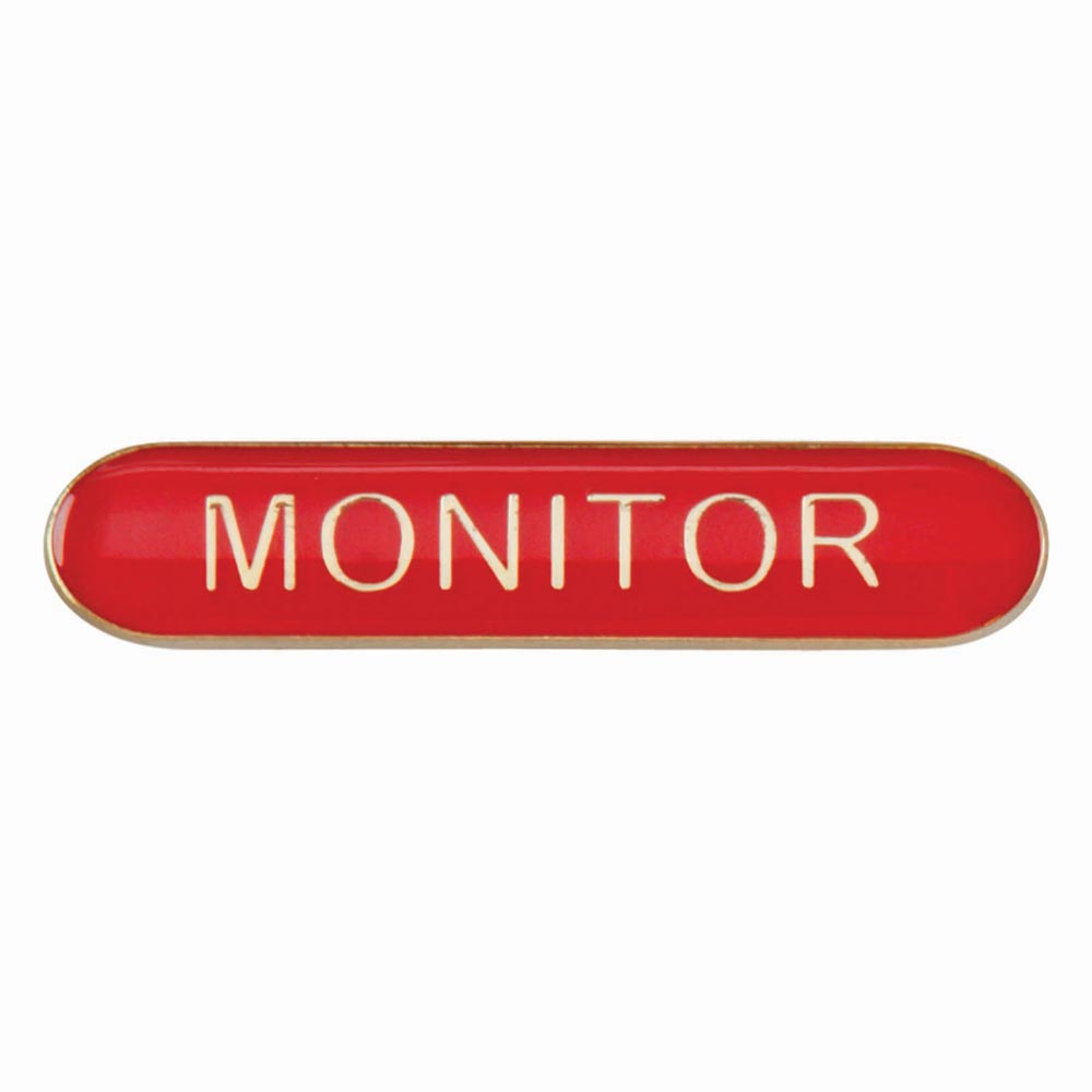 Monitor school bar badge in red enamel with gold lettering and butterfly clutch fastening.