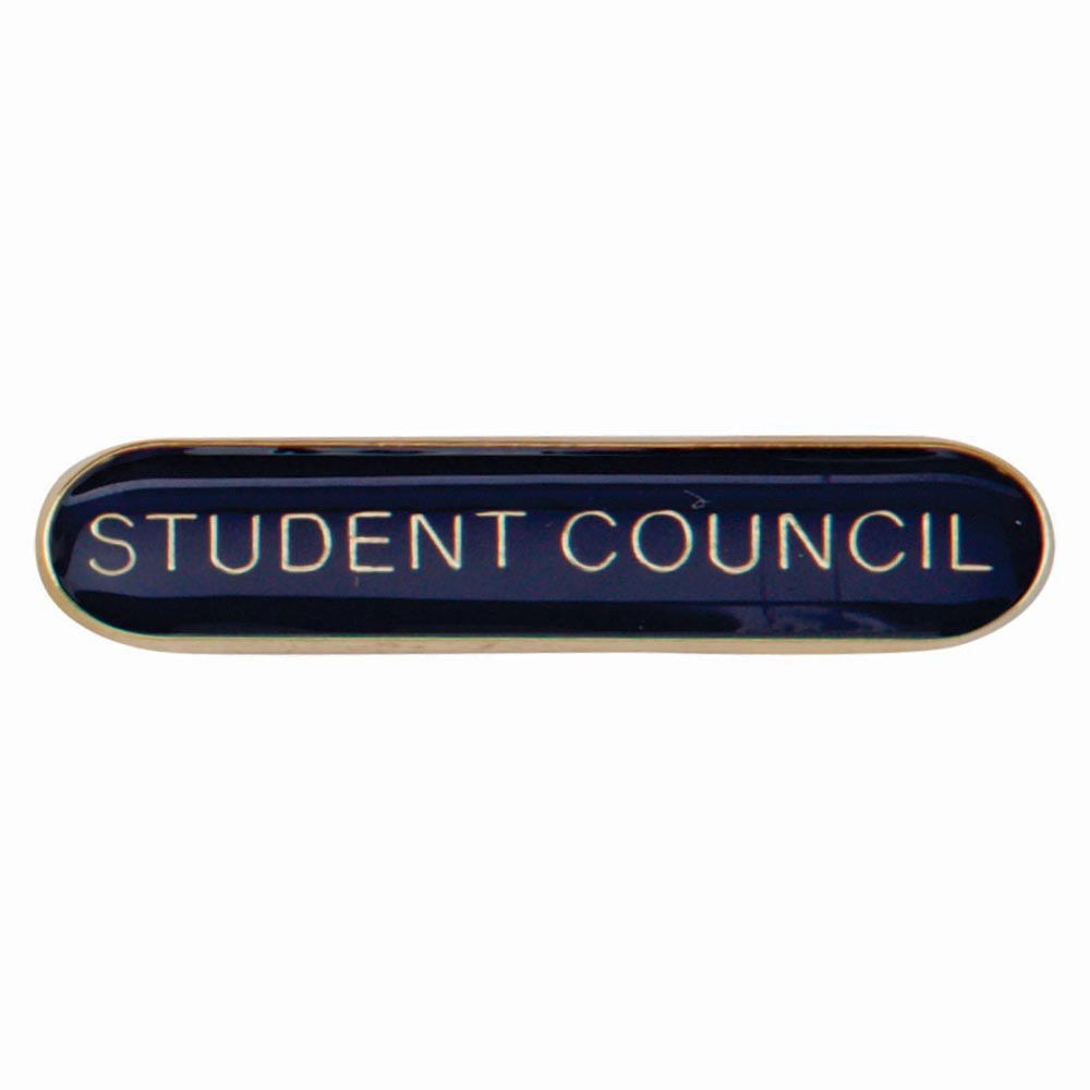 School student council bar badge in blue enamel with gold lettering and butterfly clutch fastening.