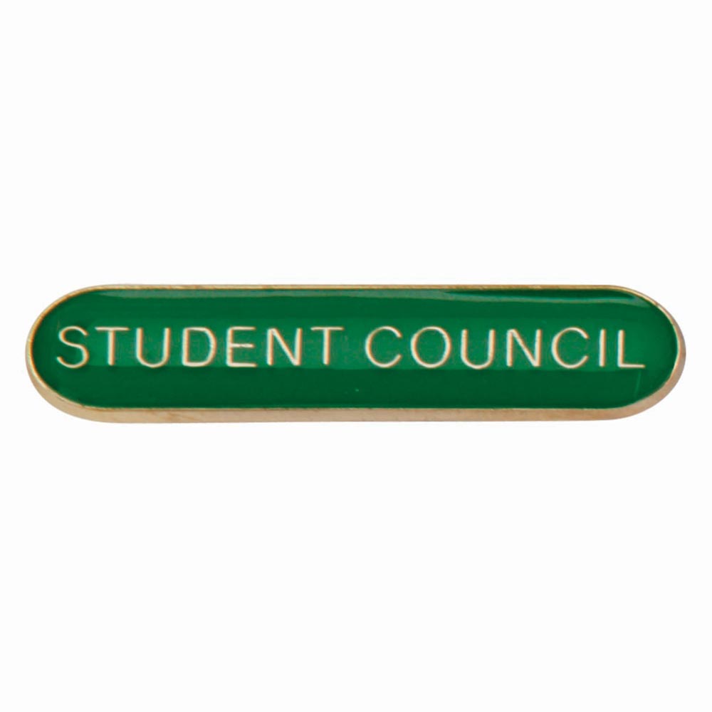 School student council bar badge in green enamel with gold lettering and butterfly clutch fastening.