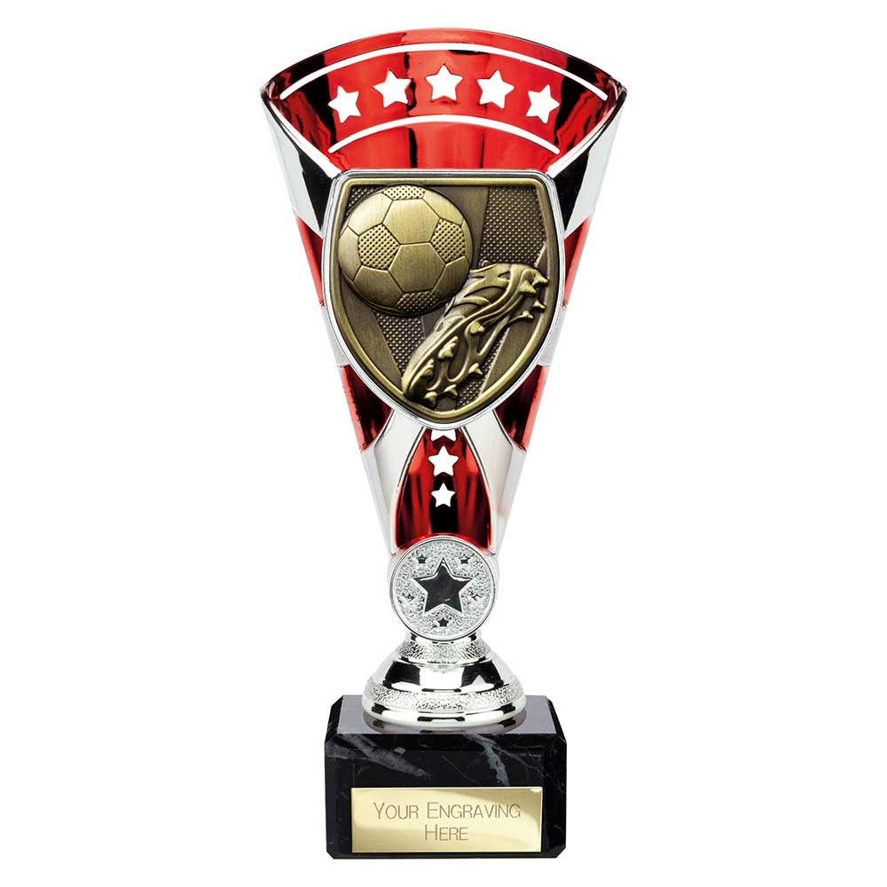 Red Cobra Star Cup football boot and ball trophy with personalised engraving plate