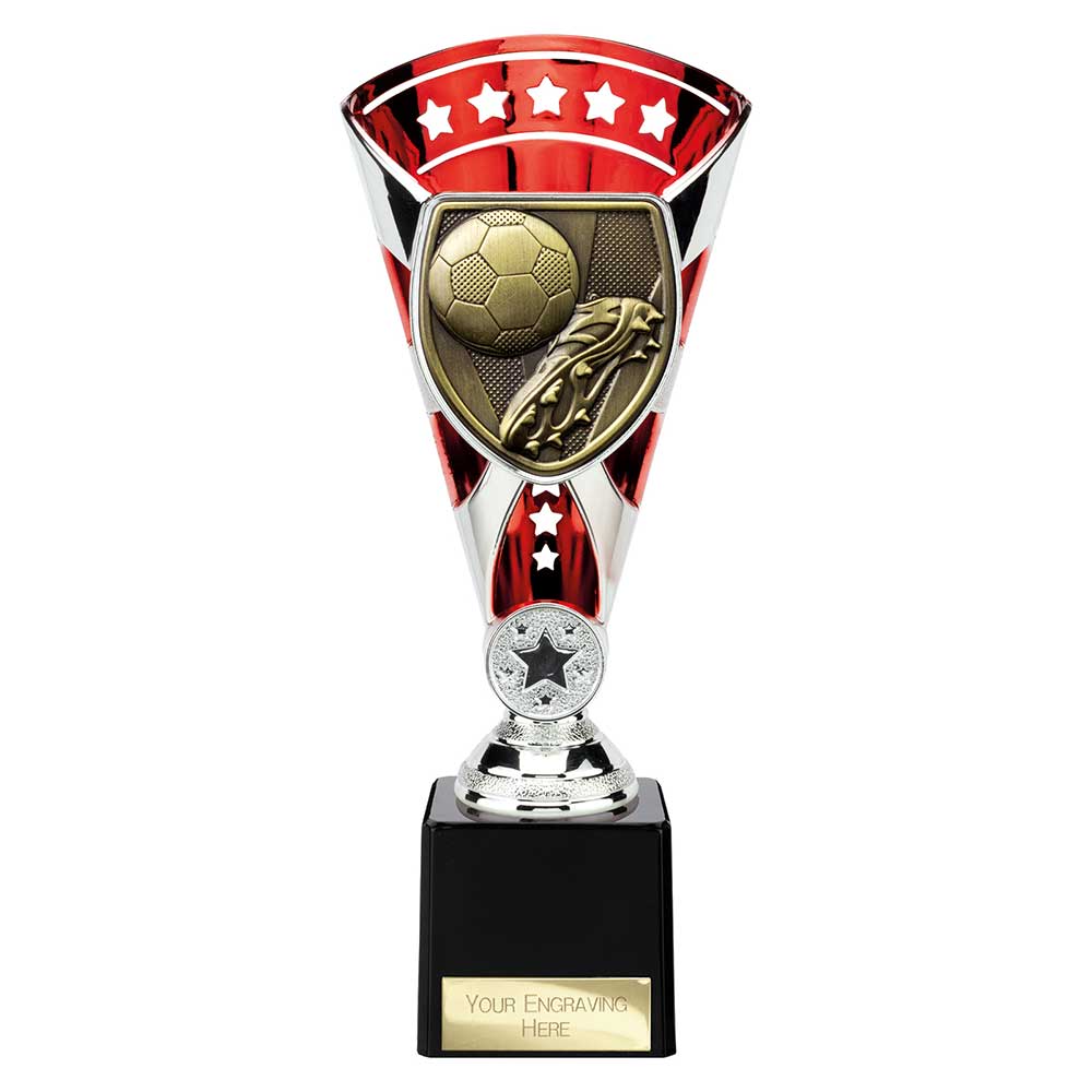 Red Cobra Star Cup football boot and ball trophy with personalised engraving plate