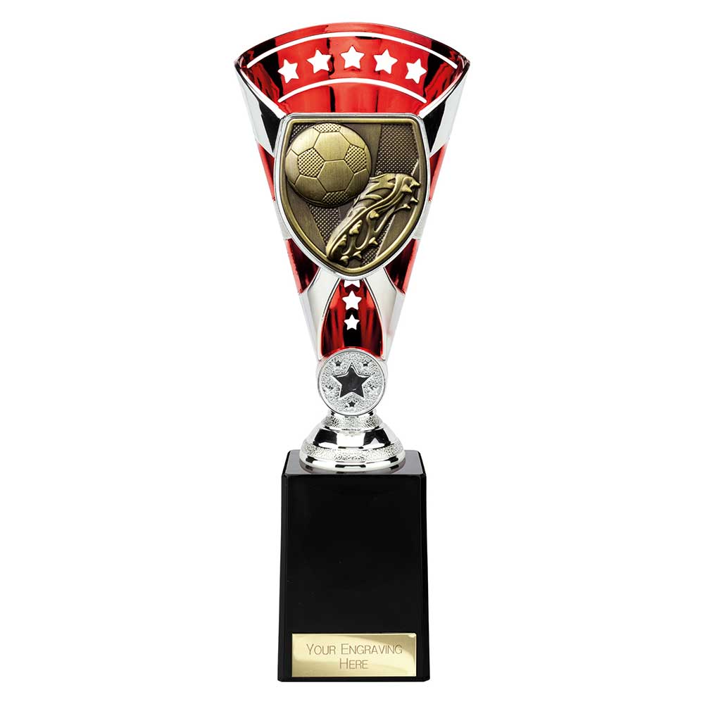 Red Cobra Star Cup football boot and ball trophy with personalised engraving plate