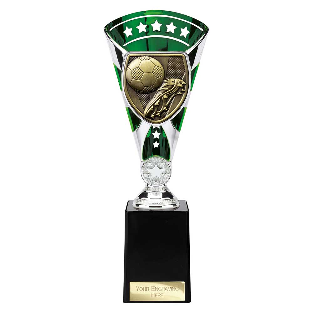 Green Cobra Star Cup football boot and ball trophy with personalised engraving plate