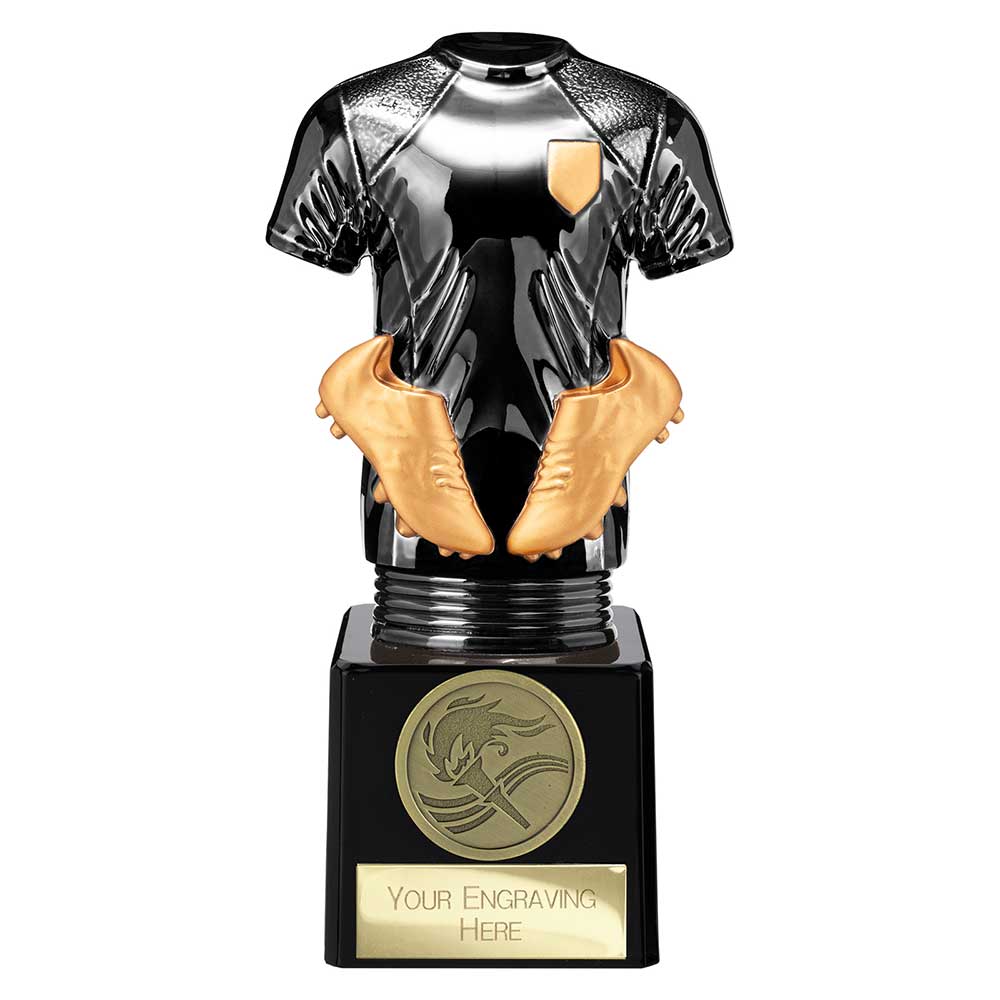 Black Viper Legend black and gold resin football strip trophy with personalised engraving plate