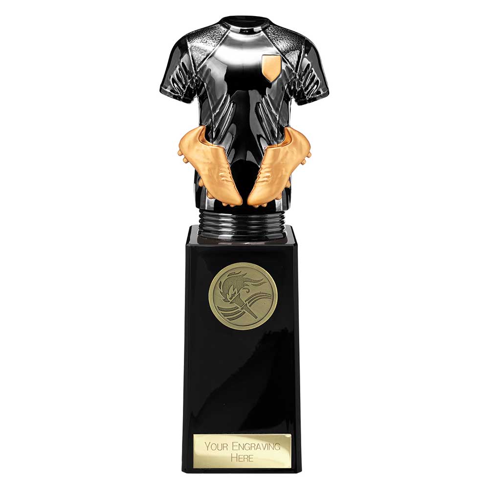 Black Viper Legend black and gold resin football strip trophy with personalised engraving plate