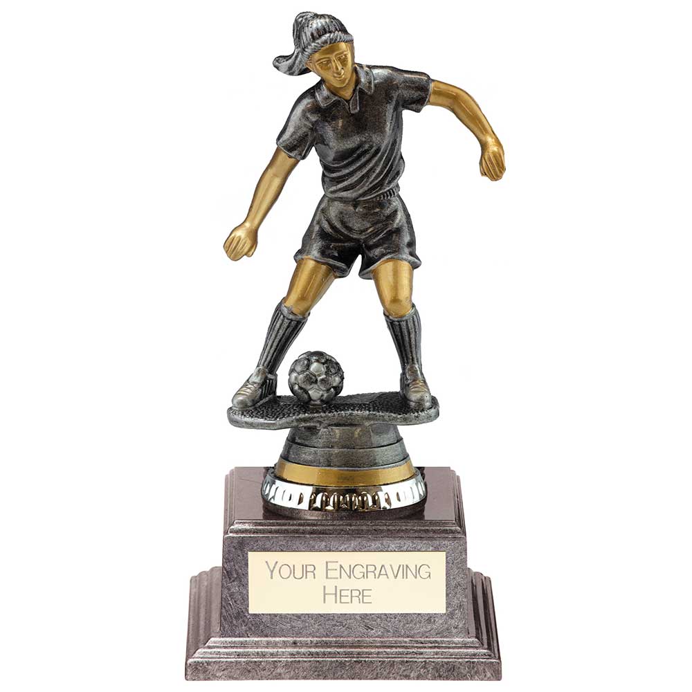 Female Football Figure Trophy with antique silver and gold finish and FREE personalised engraving.