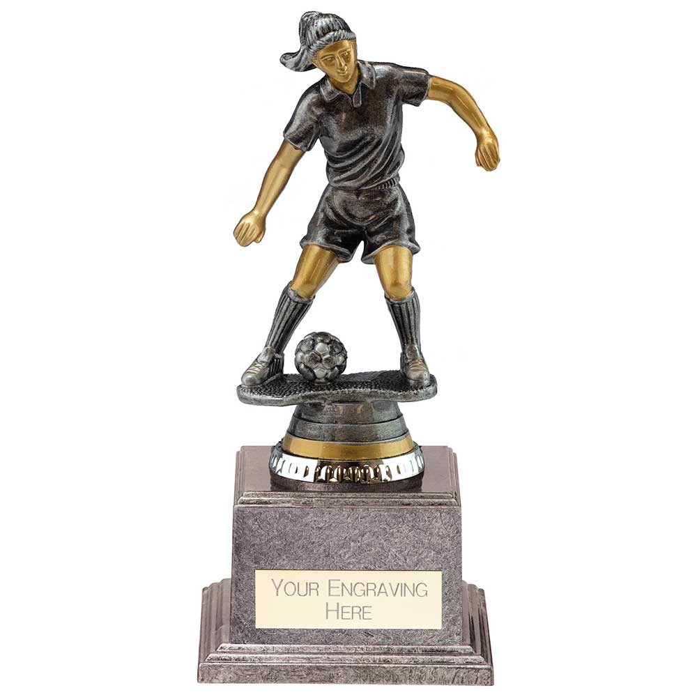Female Football Figure Trophy with antique silver and gold finish and FREE personalised engraving.