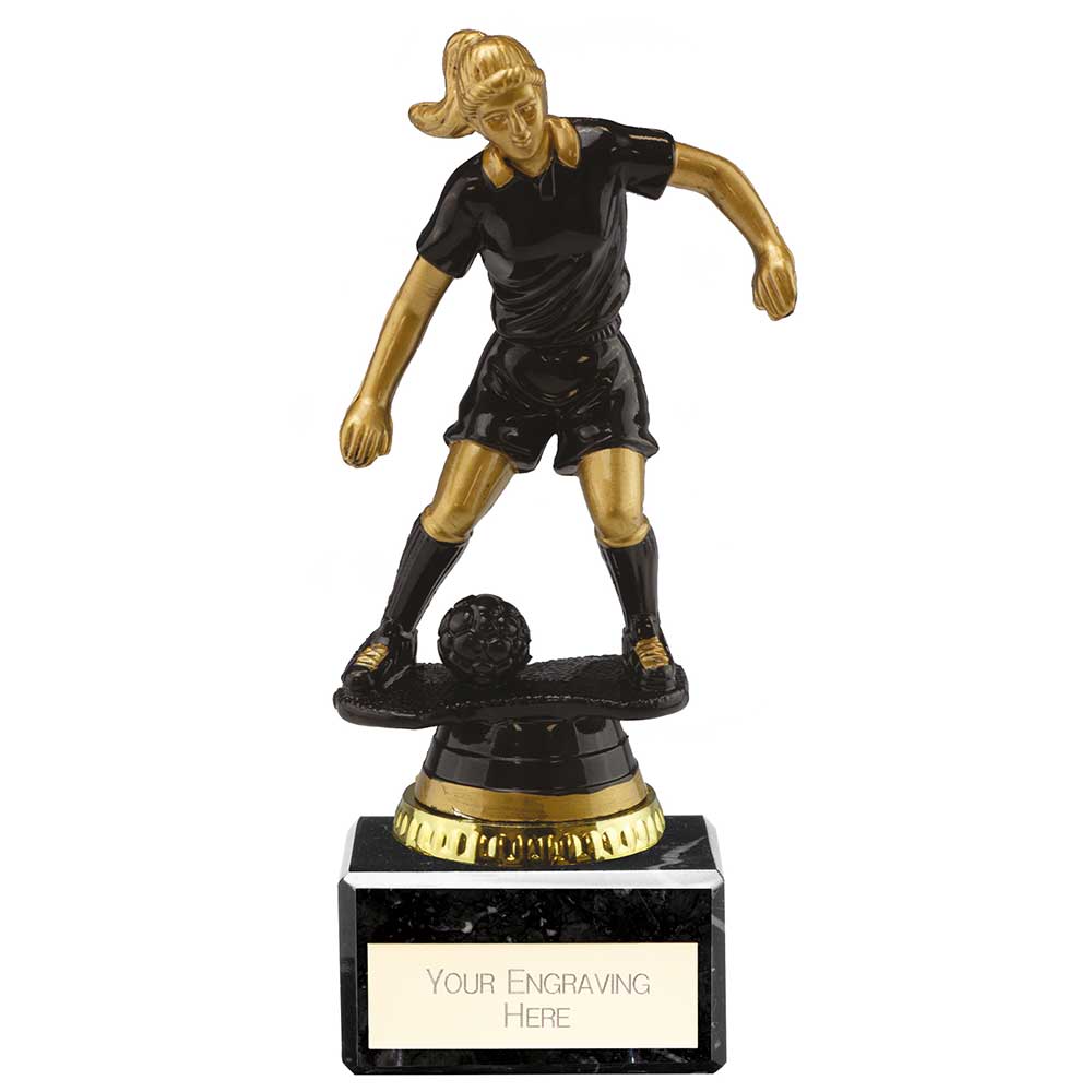 Cyclone Female Football Resin Trophy in black and gold with FREE personalised engraving and gold football centre insert.