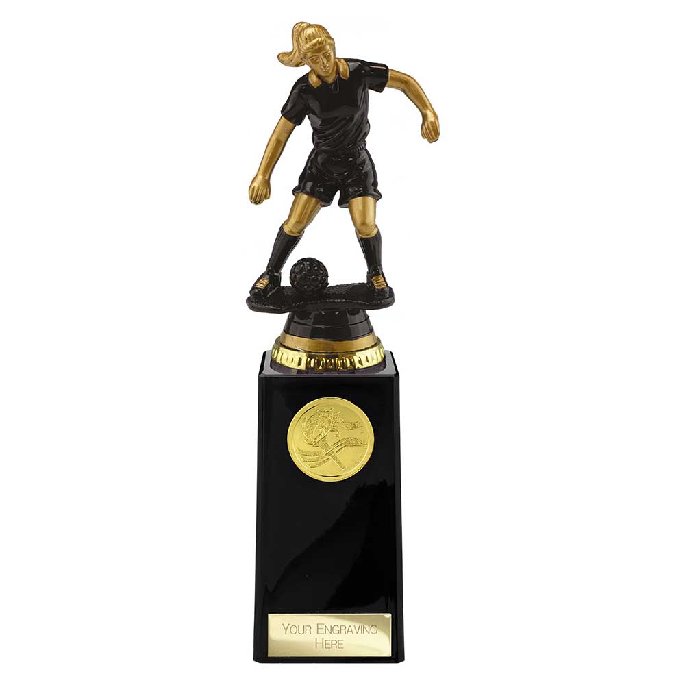 Cyclone Female Football Resin Trophy in black and gold with FREE personalised engraving and gold football centre insert.