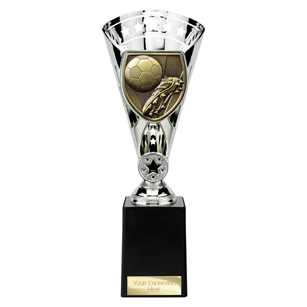 Cobra Star Cup silver football boot and ball trophy with personalised engraving plate