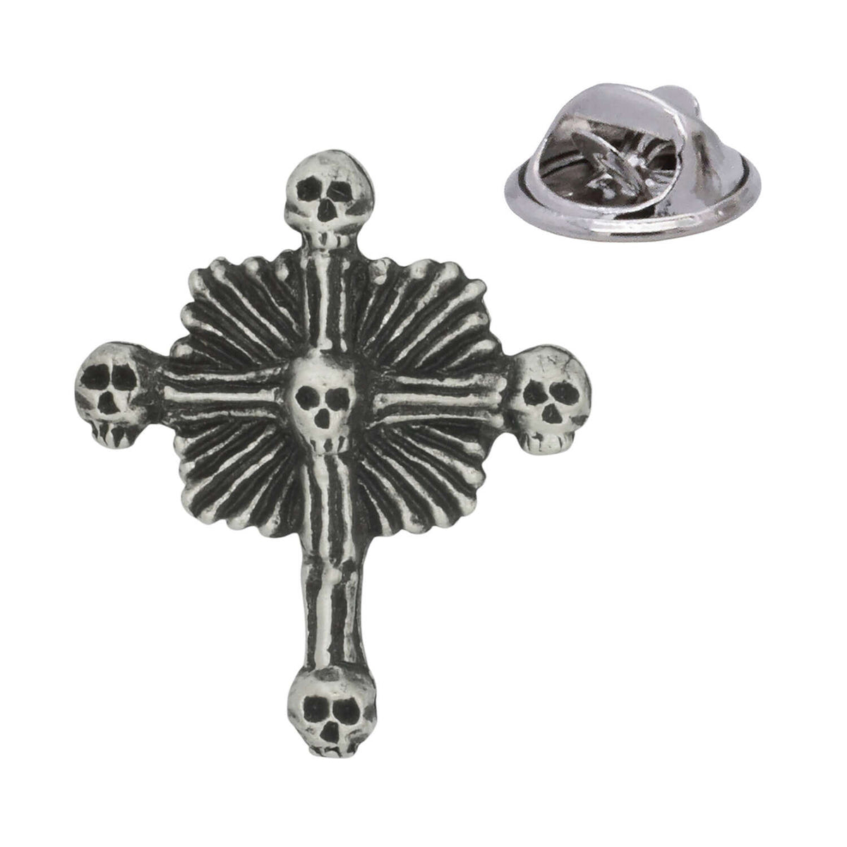 Antique silver pewter skull and bones cross lapel pin with five skulls; rear pin fastening shown