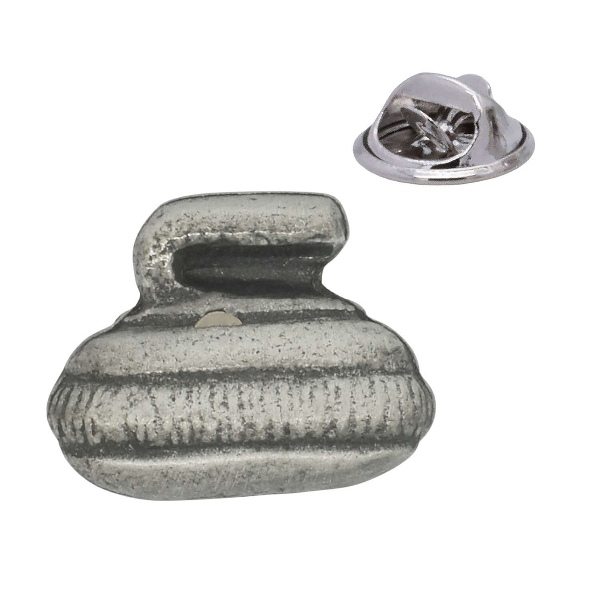 Antique silver pewter curling stone lapel pin with curved handle and rear butterfly clasp