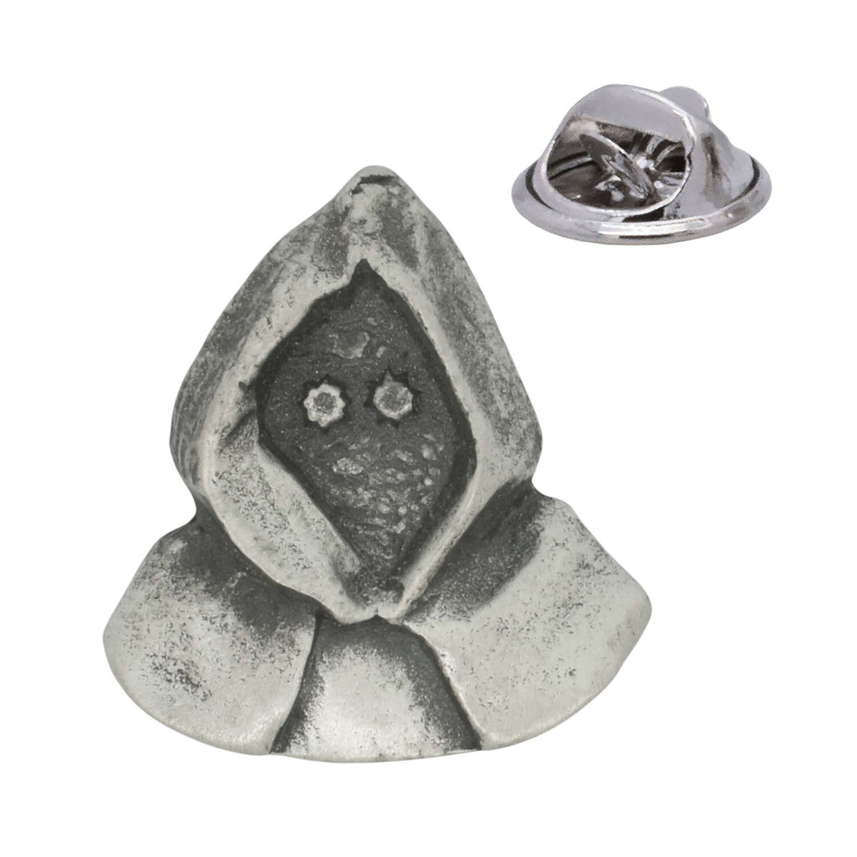 Antique silver pewter monk's cowl lapel pin depicting hooded figure with shadowed face and rear pin clasp