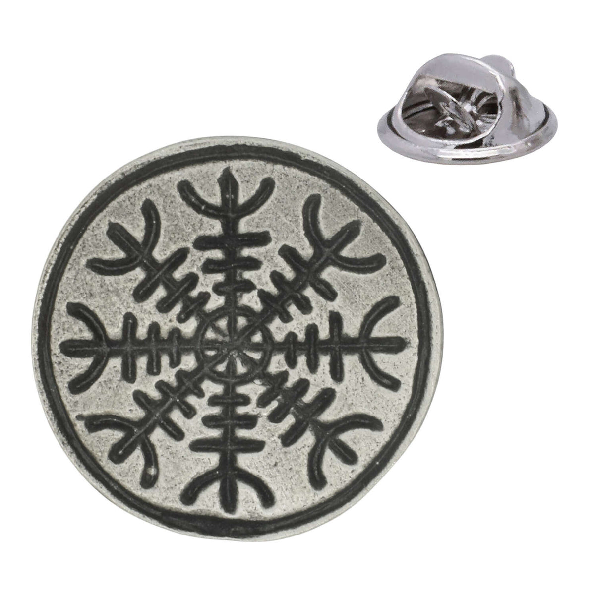 Round antique silver Helm of Terror Helm of Awe pewter lapel pin badge with eight-armed Norse symbol and rear clasp