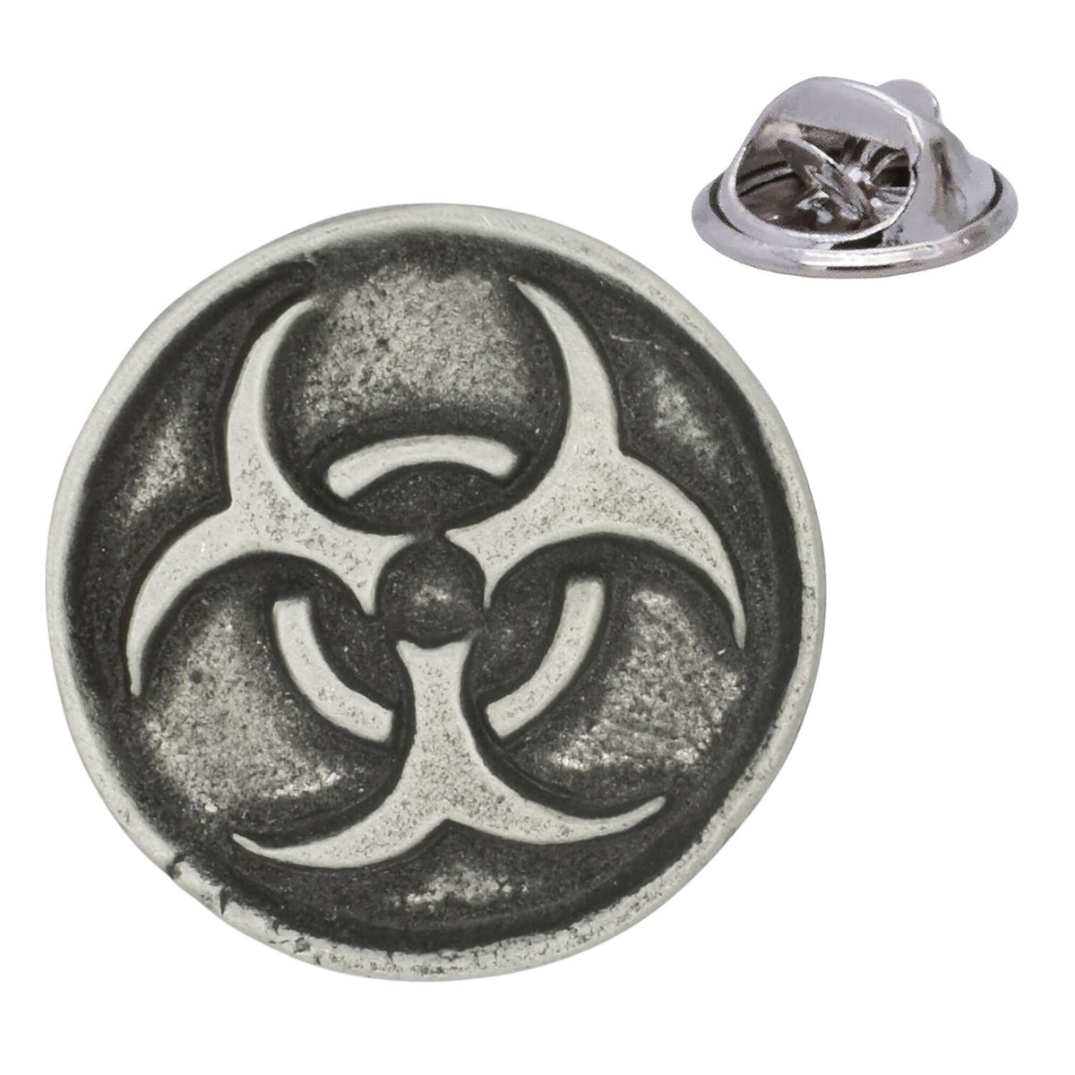 Antique silver round biohazard symbol pewter lapel pin badge with black recessed design and rear clasp