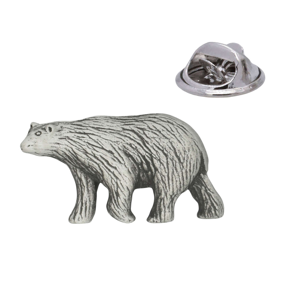 Walking polar bear pewter lapel pin badge with textured fur, antique silver finish and rear butterfly clasp