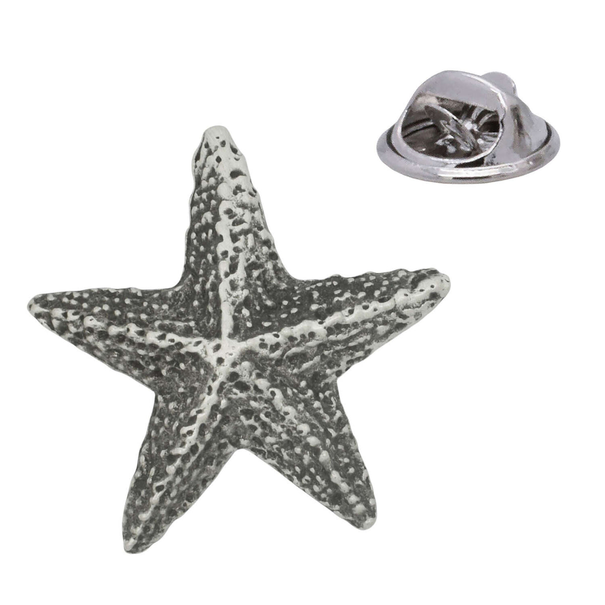 Antique silver five-armed starfish pewter lapel pin with textured surface and rear butterfly clasp