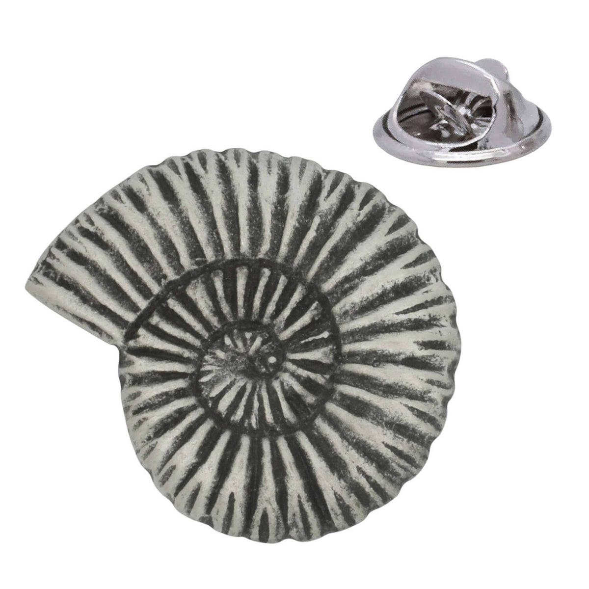 Antique silver ammonite fossil spiral shell pewter lapel pin with detailed ribbing and rear butterfly clasp