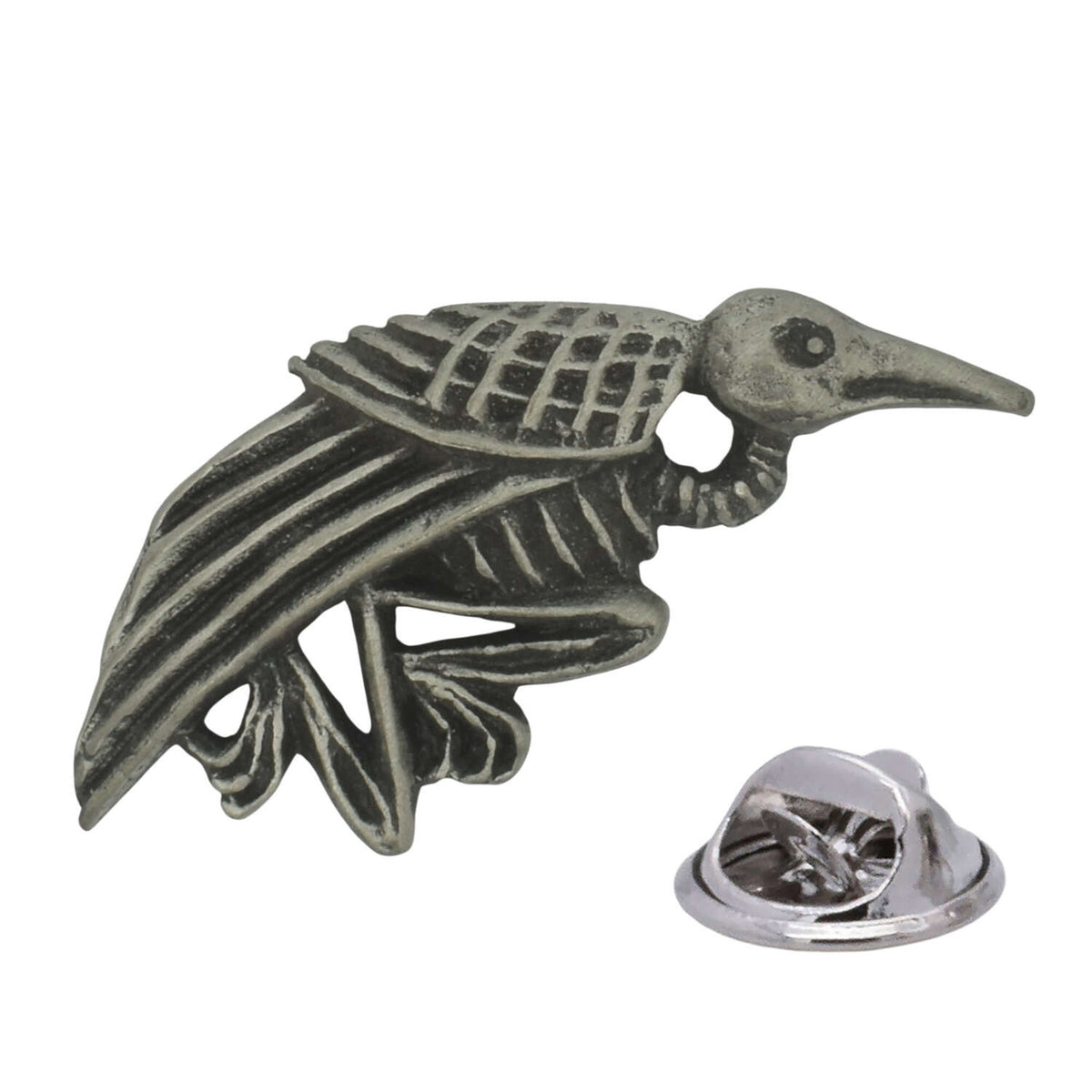 Roadkill starling antique silver pewter bird lapel pin with detailed wings and two rear butterfly clasps