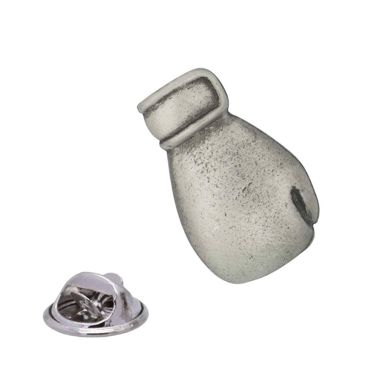 Antique silver single boxing glove pewter lapel pin badge with detailed cuff and rear butterfly clasp