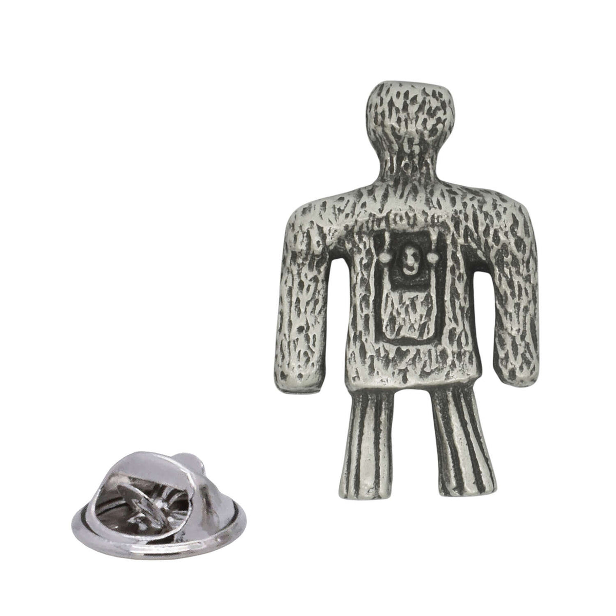 Antique silver Wicker Man pewter lapel pin with woven effigy design and rear butterfly clasp