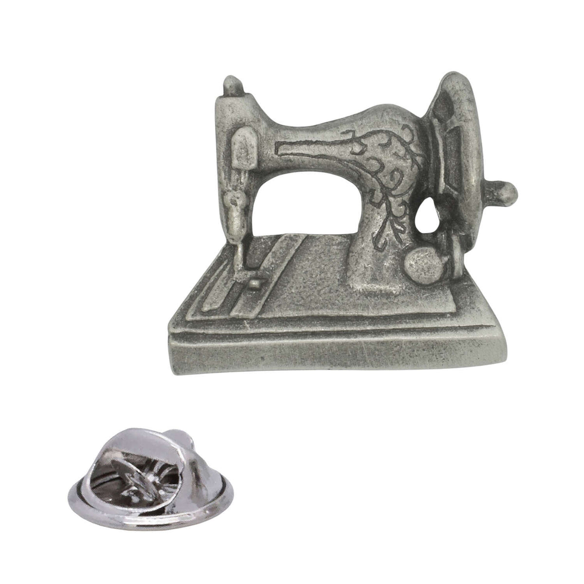 Antique silver vintage sewing machine pewter lapel pin badge with floral decoration, handwheel and rear butterfly clasp