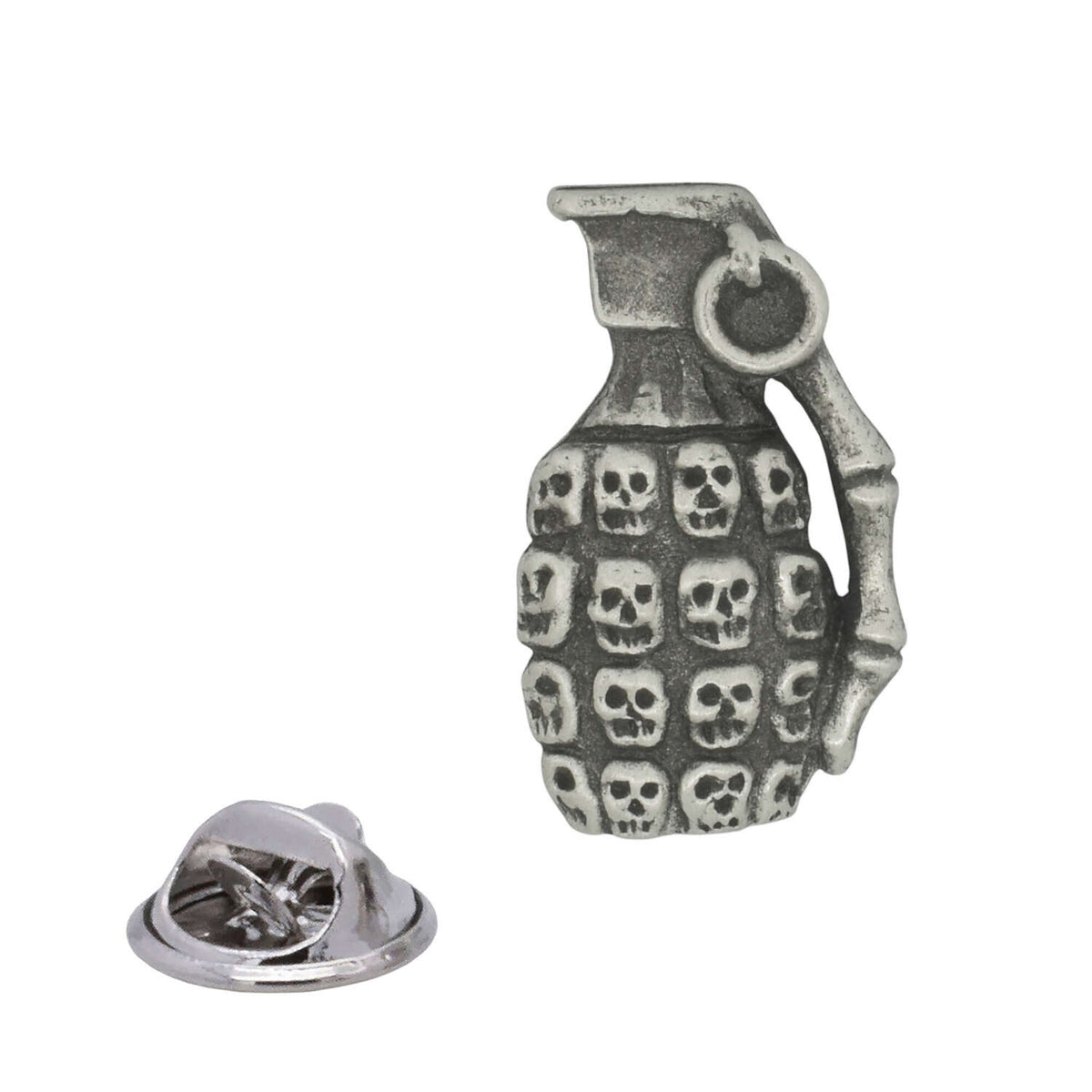 Antique silver skull grenade pewter lapel pin badge with rows of miniature skulls and rear butterfly clasp