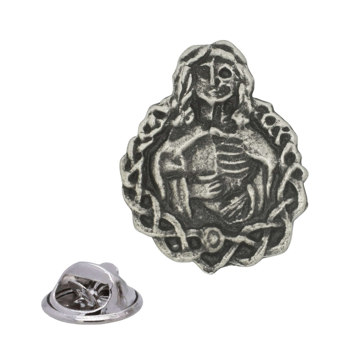 Antique silver Hel Norse mythology pewter lapel pin depicting half-living half-skeletal woman with decorative border and rear clasp