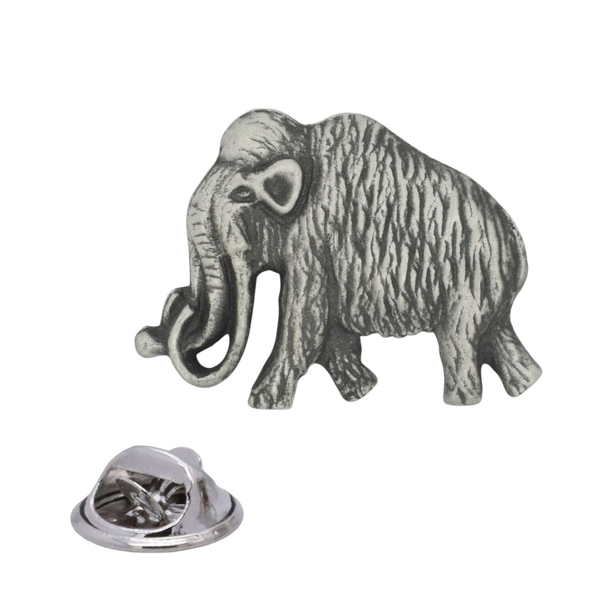 Antique silver woolly mammoth pewter lapel pin with shaggy fur, curled tusks, long trunk and rear butterfly clasp
