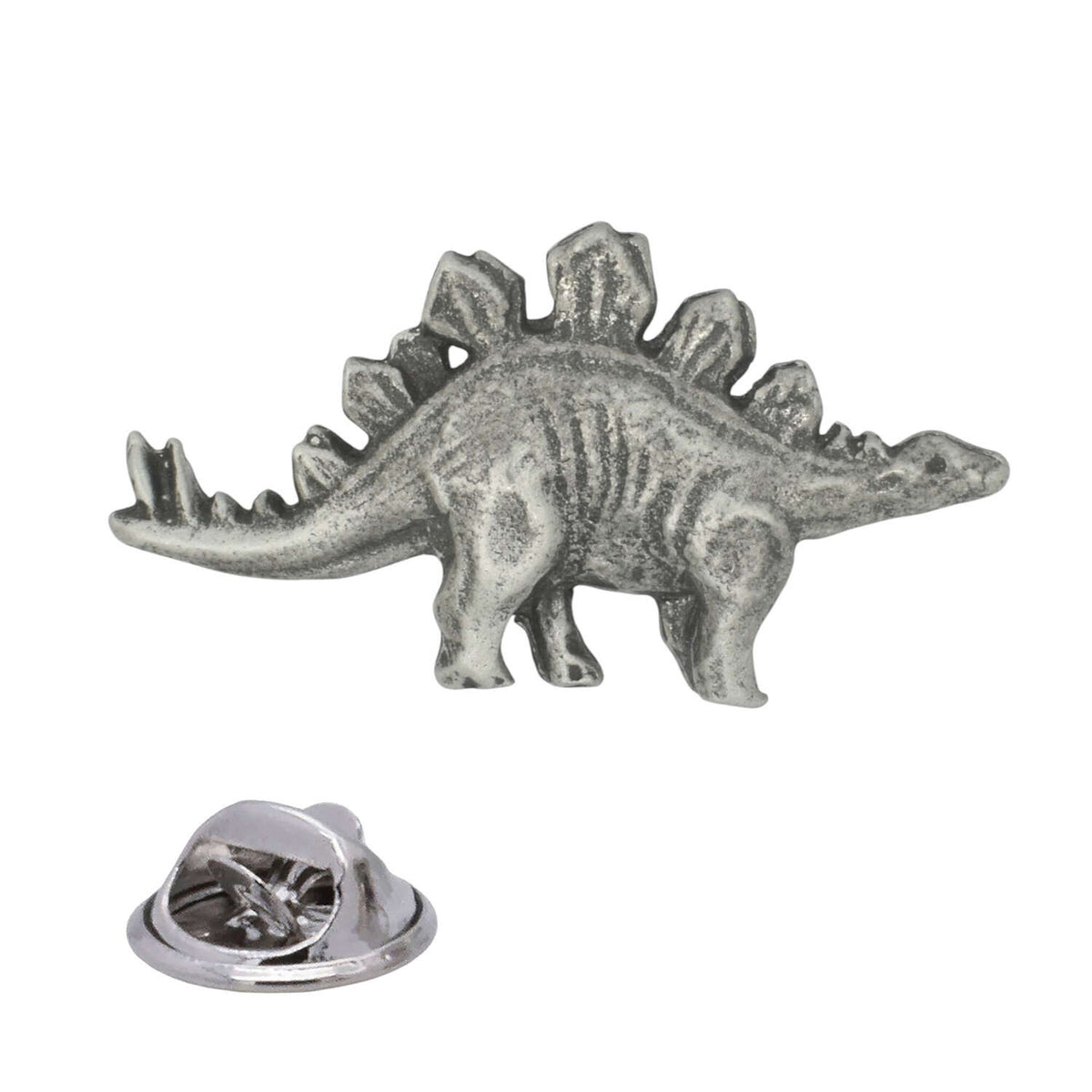 Antique silver Stegosaurus pewter lapel pin badge with back plates, spiked tail, four legs and rear butterfly clasp