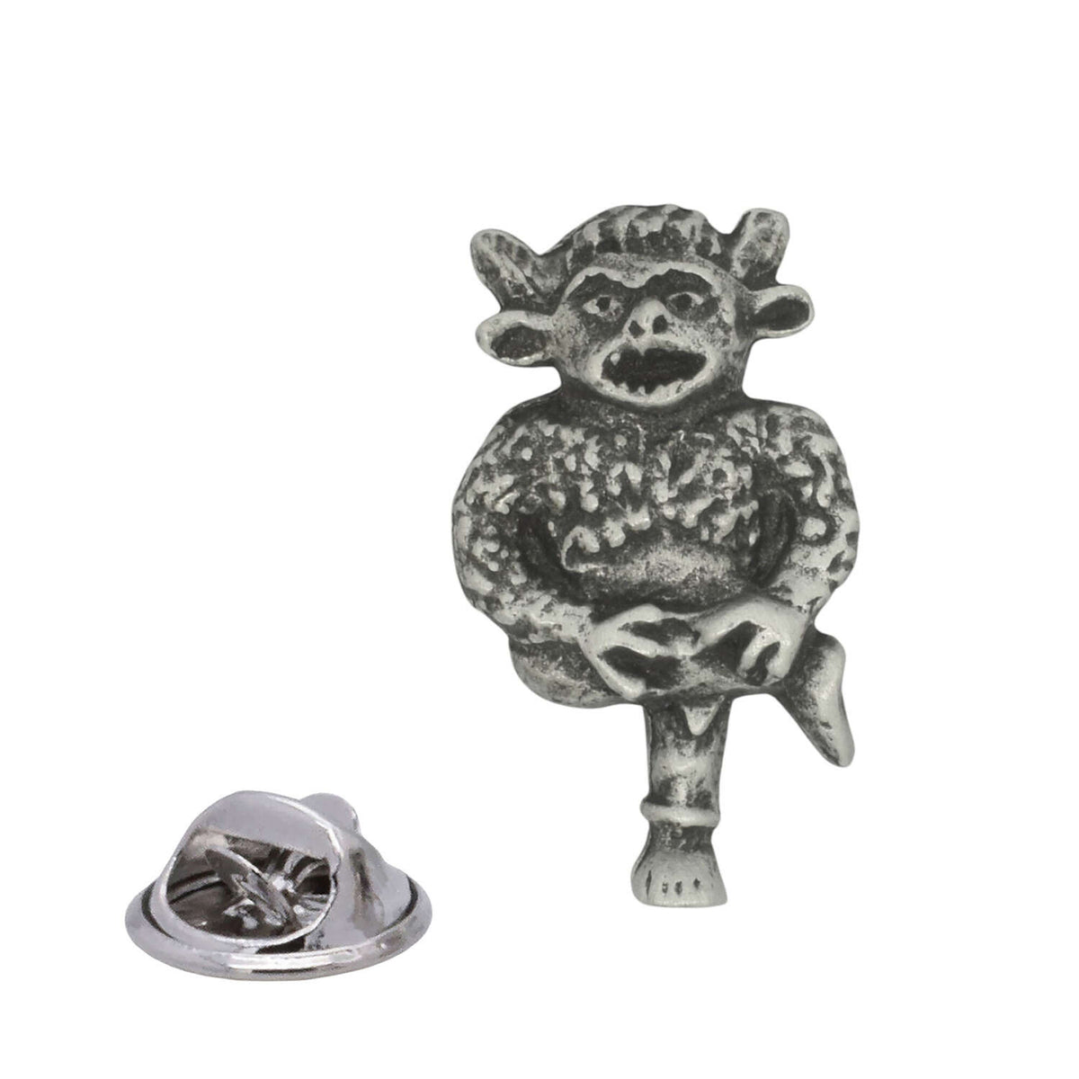 Antique silver Lincoln Imp pewter lapel pin depicting mischievous horned imp with butterfly clasp shown