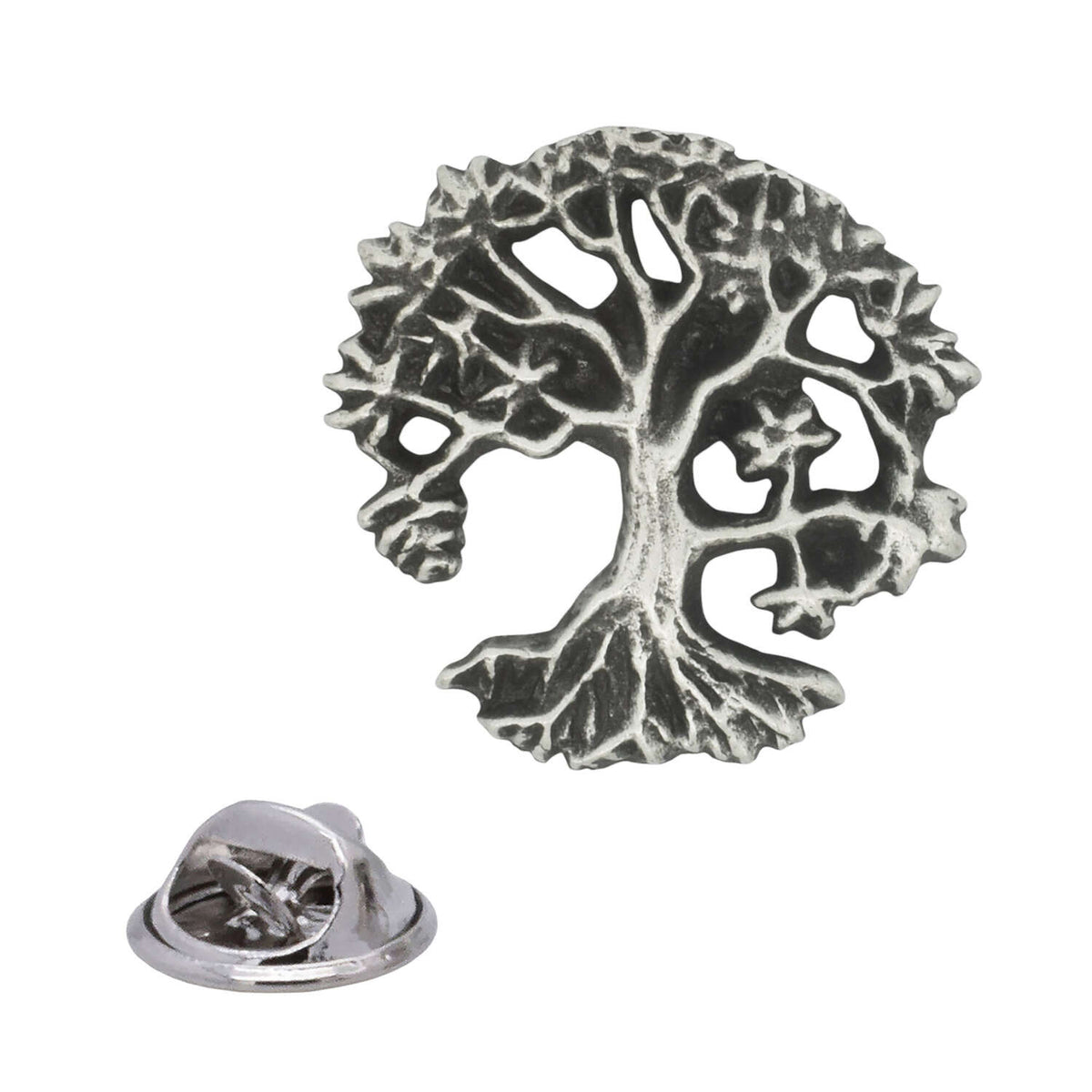 Antique silver Tree of Life pewter lapel pin with detailed branches, leaves, spreading roots and rear butterfly clasp
