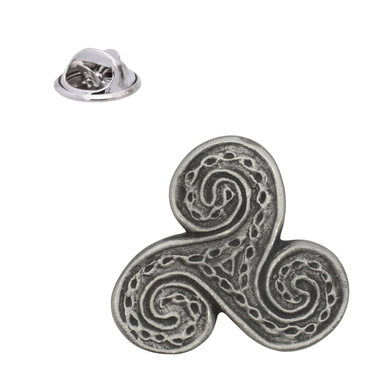 Antique silver Celtic triskele triple spiral pewter lapel pin with three decorative spirals and rear butterfly clasp