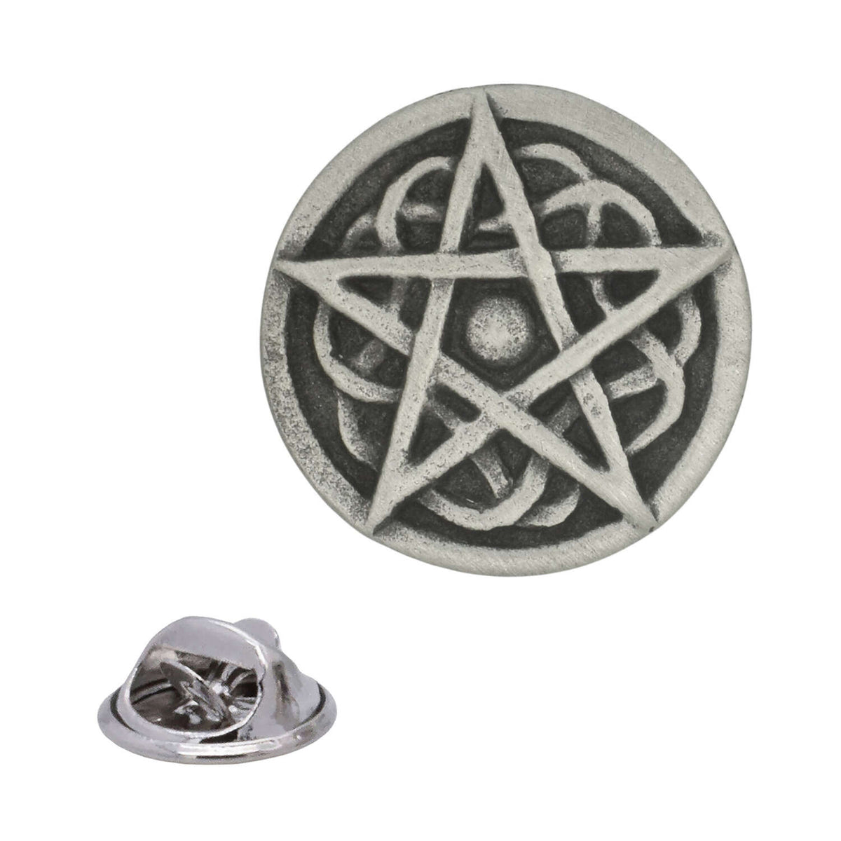 Antique silver round pentagram pewter lapel pin with raised five-pointed star, Celtic-style knotwork and rear butterfly clasp