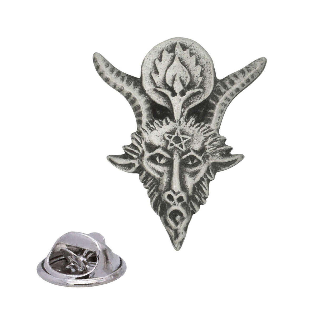 Antique silver Baphomet goat head pewter lapel pin with horns, pentagram forehead and rear butterfly clasp